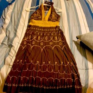 Venus Brown Embroidered Halter Dress